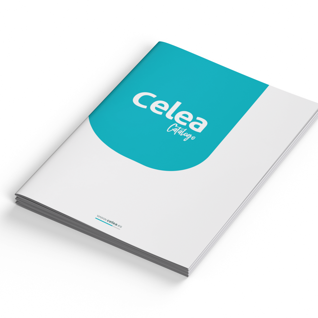 Catálogo de celea en mockup. Se muestran varios apilados.