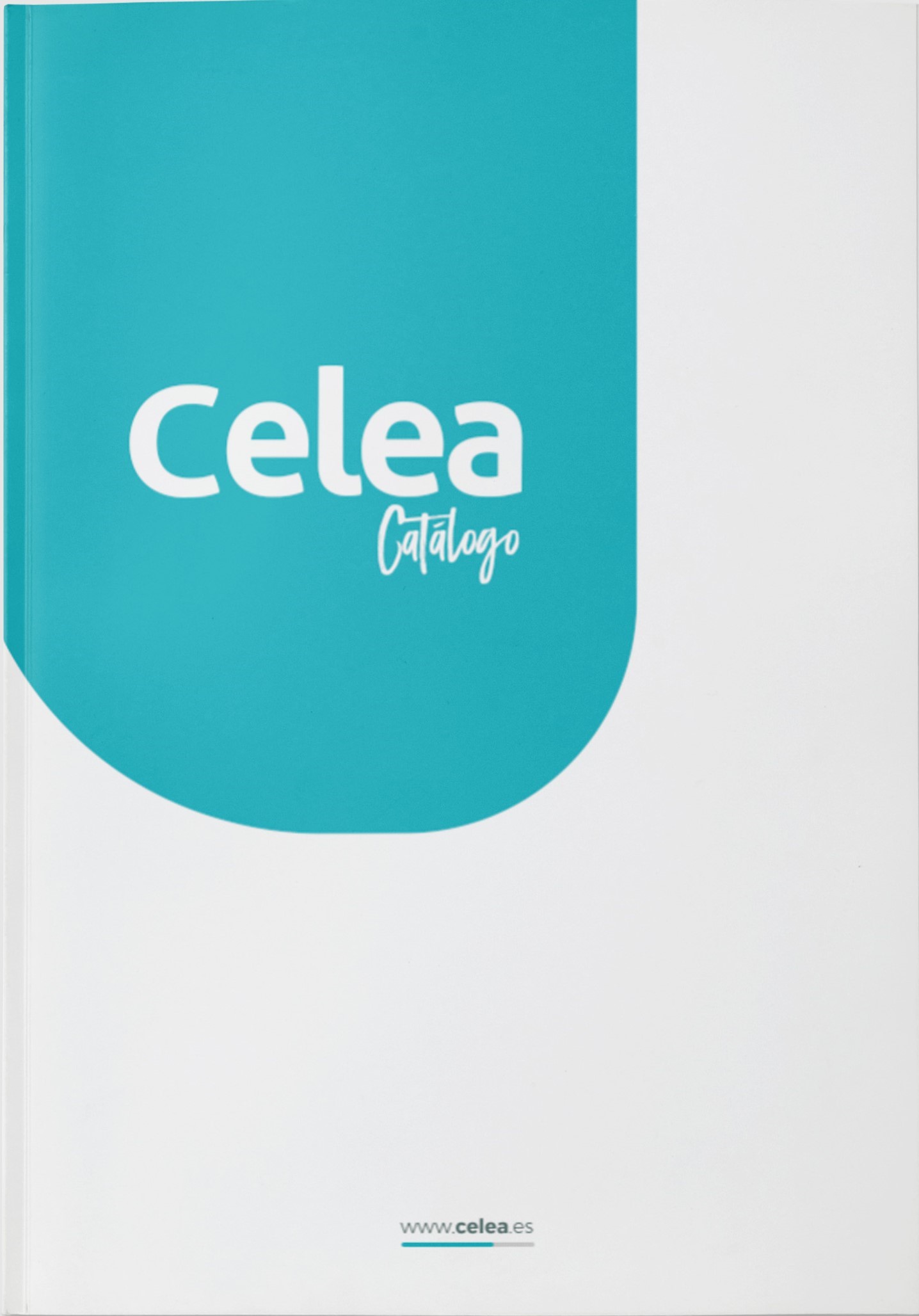Portada de catálogo de celea con una forma semicircular, un título y url de la web
