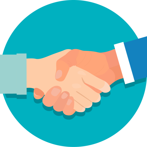 Imagen no real, dos personas en un apretón de manos sobre círculo azul. Ilustración.